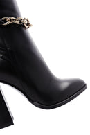 Women's Black High Heel Zippered Leather Boots with Chain Detail | Derimod