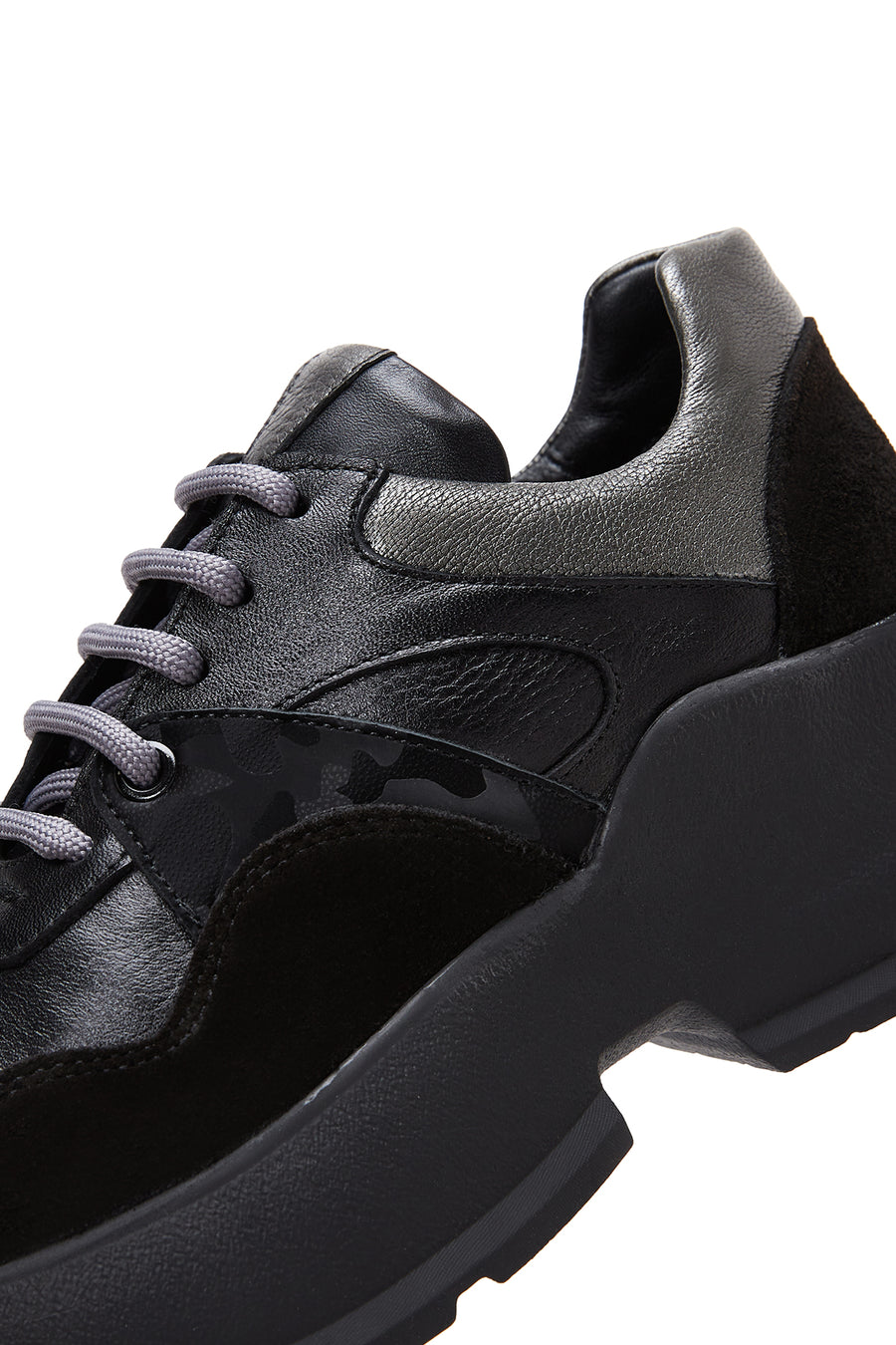 Kadın Siyah Deri Süet Detaylı Kalın Tabanlı Sneaker
