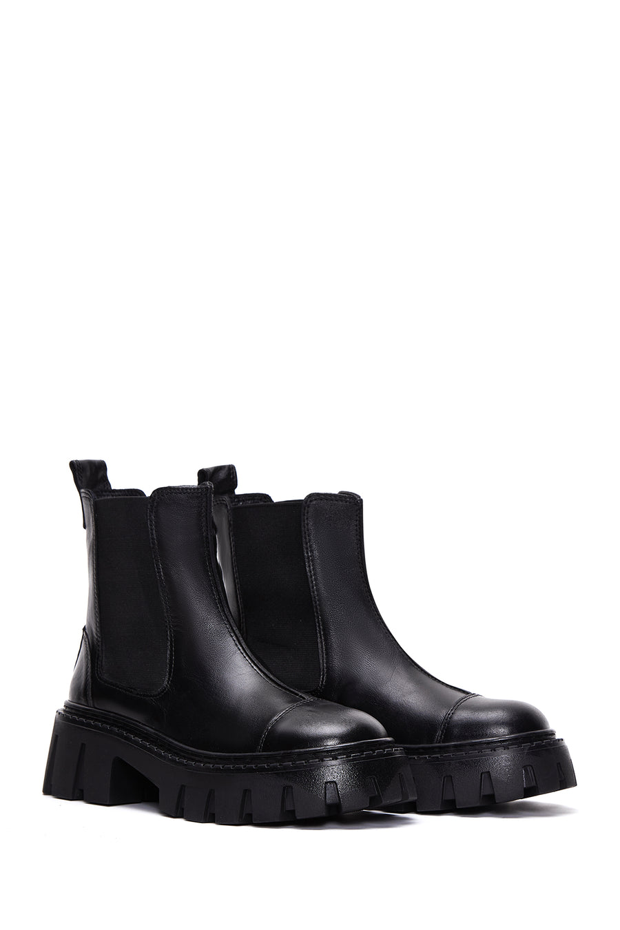 Kadın Siyah Deri Kalın Tabanlı Düz Chelsea Bot