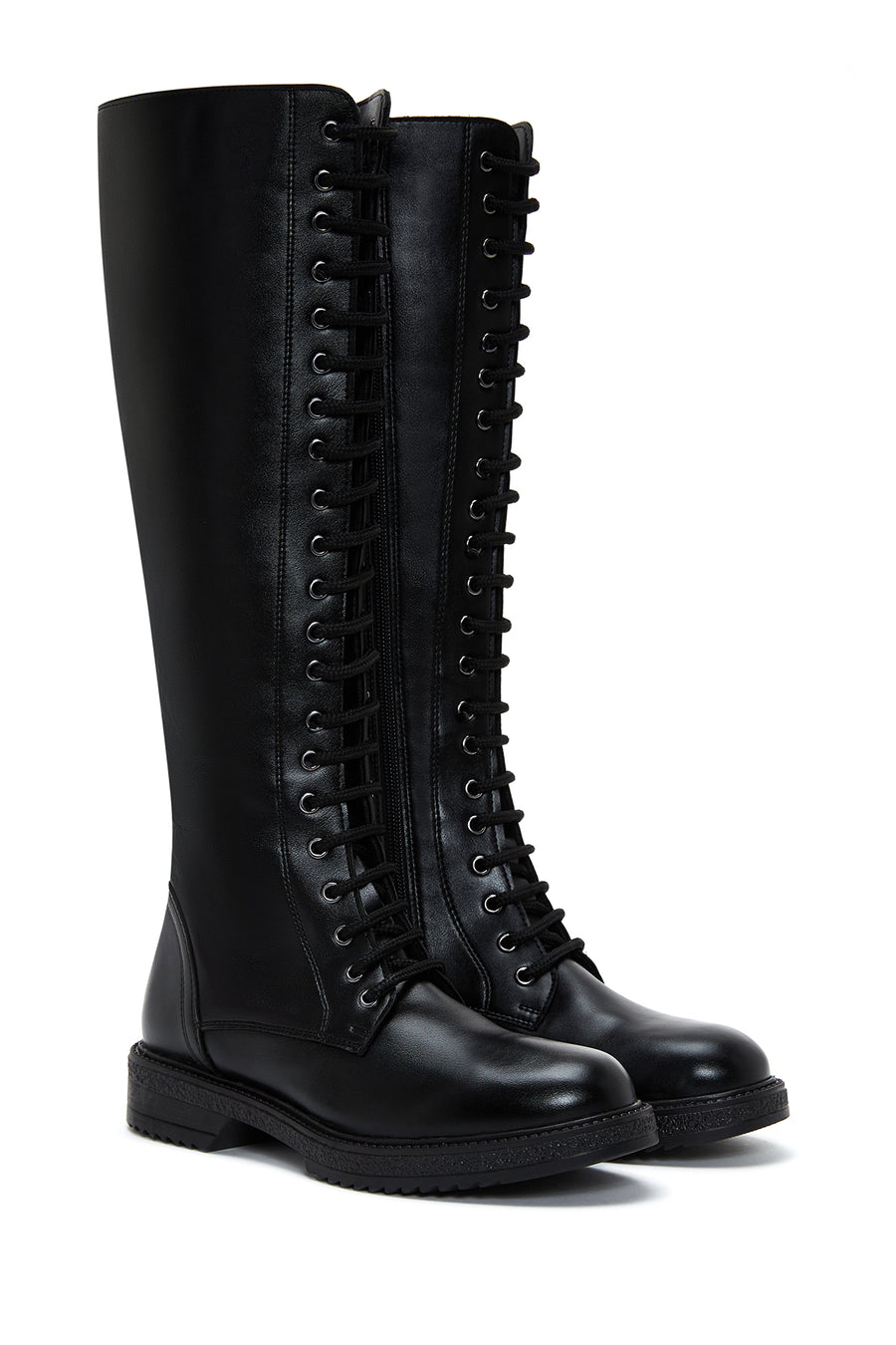 Women's Black Lace-Up Flat Boots