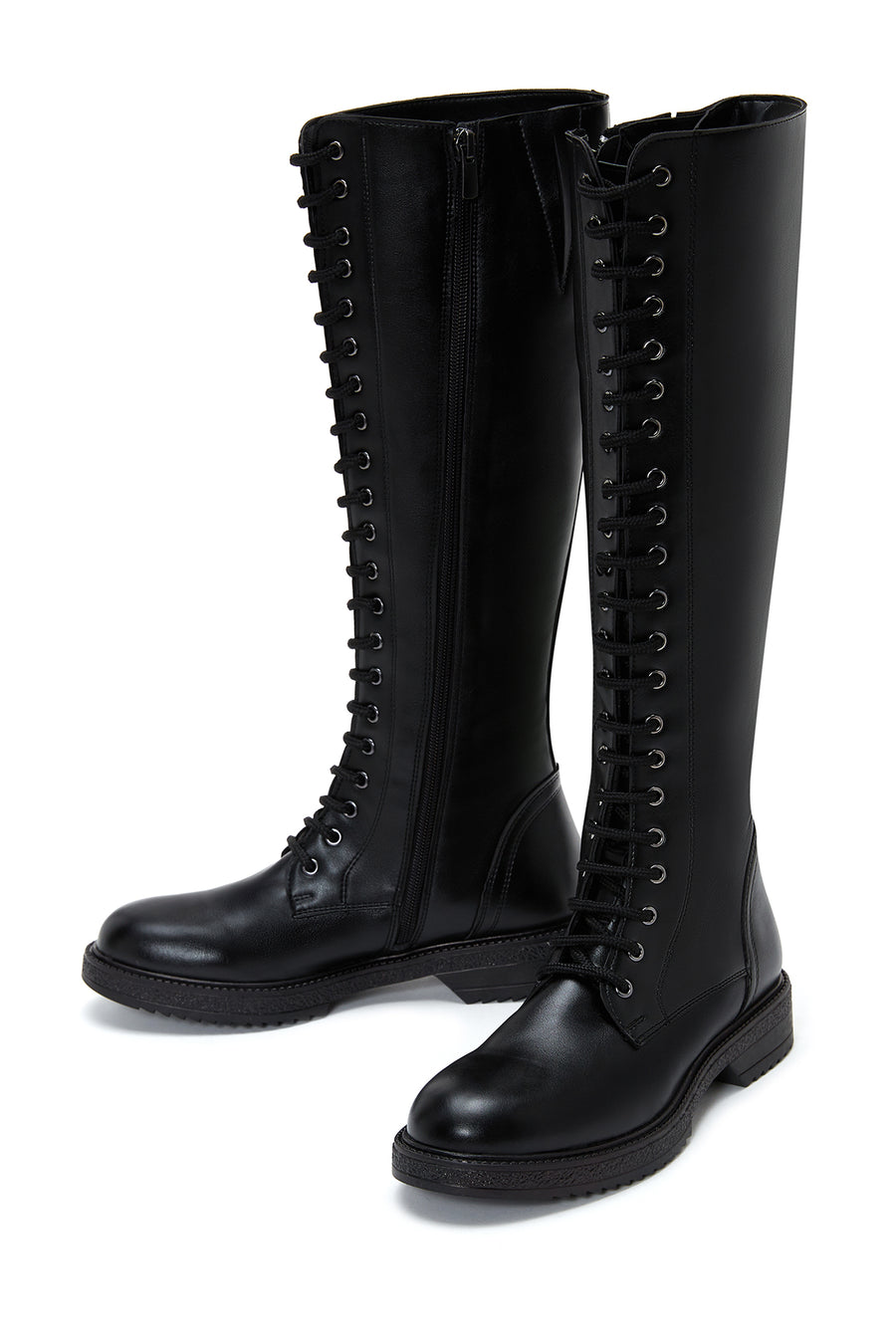 Women's Black Lace-Up Flat Boots