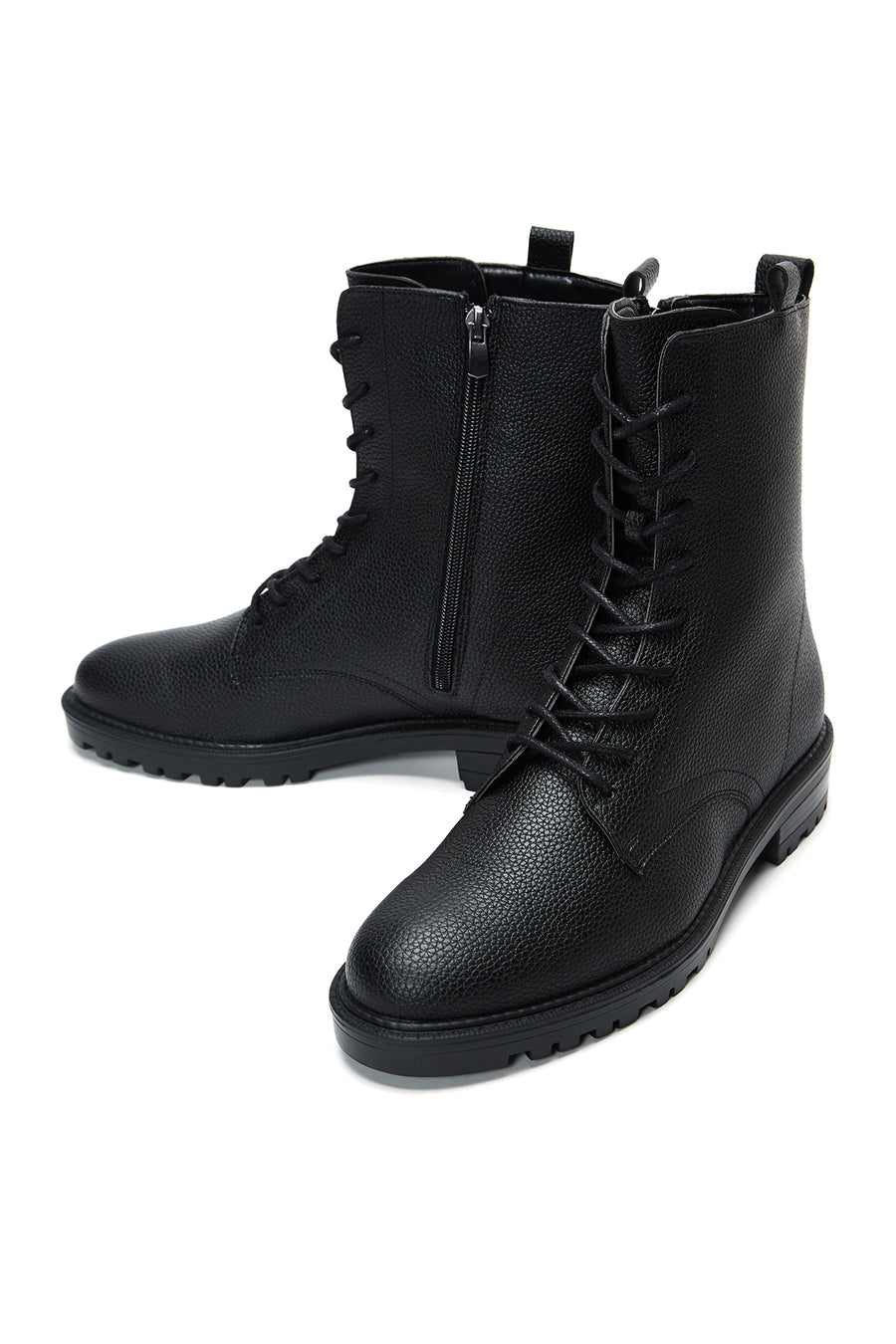 Women's Black Leather Zippered Flat Boots