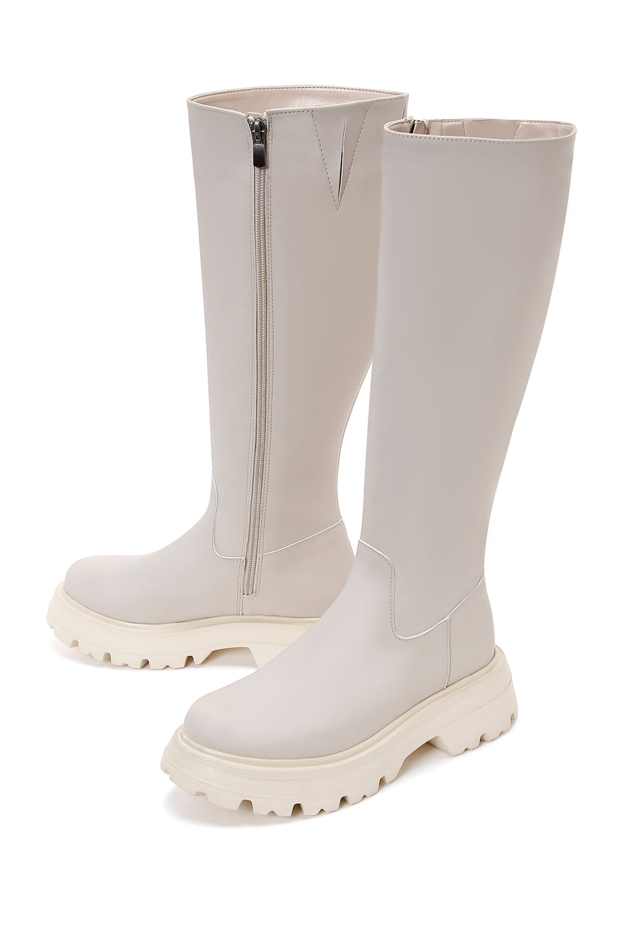 Women's Beige Zippered Thick Soled Boots