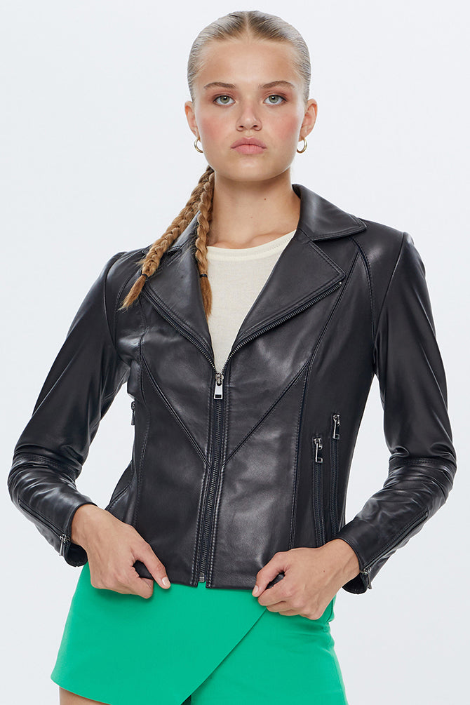 Olivia Women's Black Stretch-Fit Leather Jacket 22WGD5017U4 | Derimod