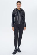 Zoom Women's Black Hooded Sports Leather Jacket | Derimod