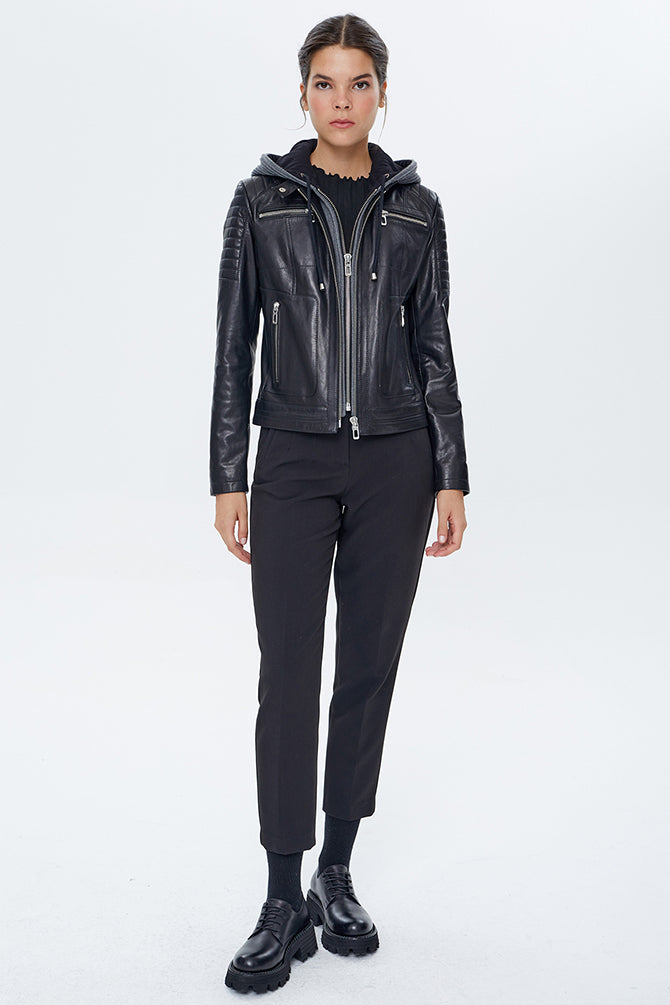 Zoom Women's Black Hooded Sports Leather Jacket