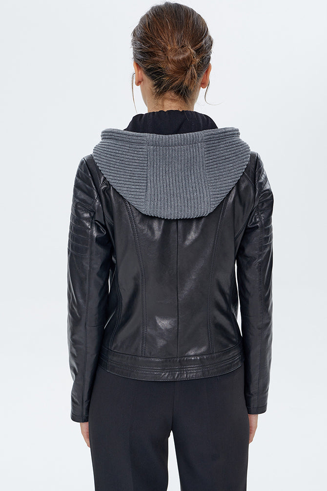 Zoom Women's Black Hooded Sports Leather Jacket