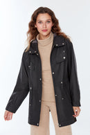 Alina Women's Black Hooded Leather Coat | Derimod