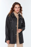 Alina Women's Black Hooded Leather Coat | Derimod