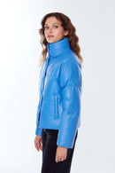 Barcelona Women's Blue Puffer Leather Coat | Derimod