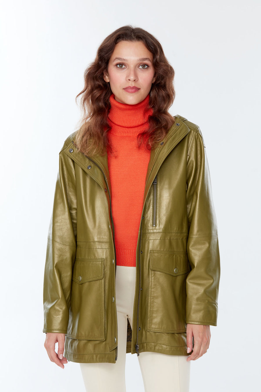 Victoria Women's Khaki Hooded Leather Coat