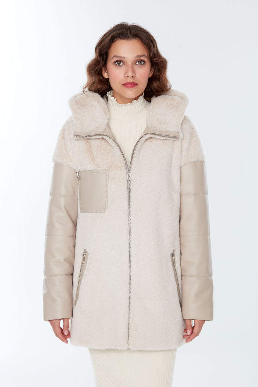 Chamonix Women's Beige Hooded Teddy Leather Coat
