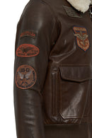 Top Gun Women's Brown Embroidered Leather Pilot Coat with Fur Collar | Derimod
