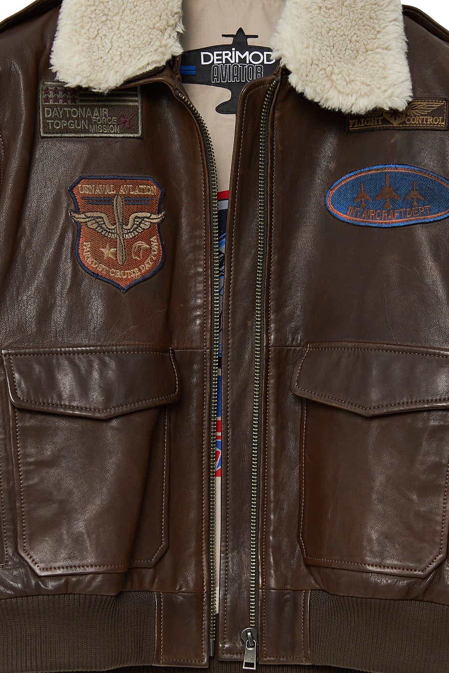 Top Gun Women's Brown Embroidered Leather Pilot Coat with Fur Collar