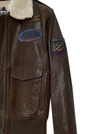 Top Gun Women's Brown Embroidered Leather Pilot Coat with Fur Collar | Derimod