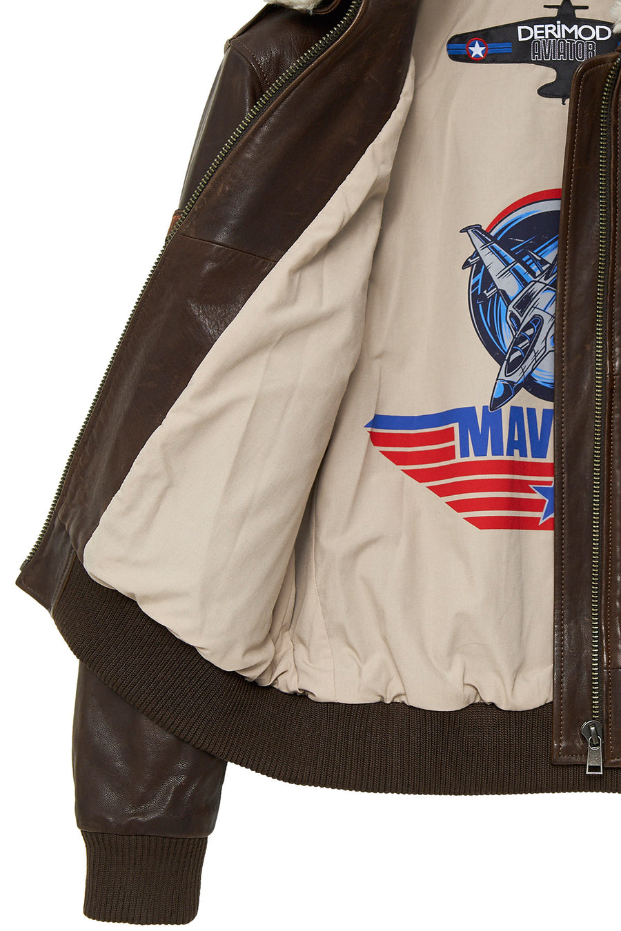 Top Gun Women's Brown Embroidered Leather Pilot Coat with Fur Collar