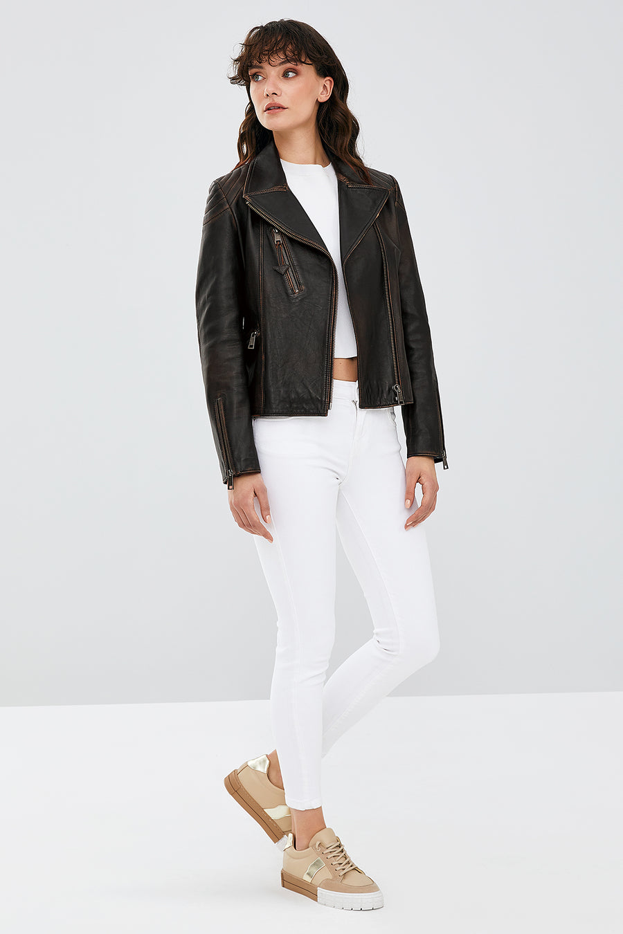 Xuma Kadın Kahverengi Vintage Oversize Biker Deri Ceket