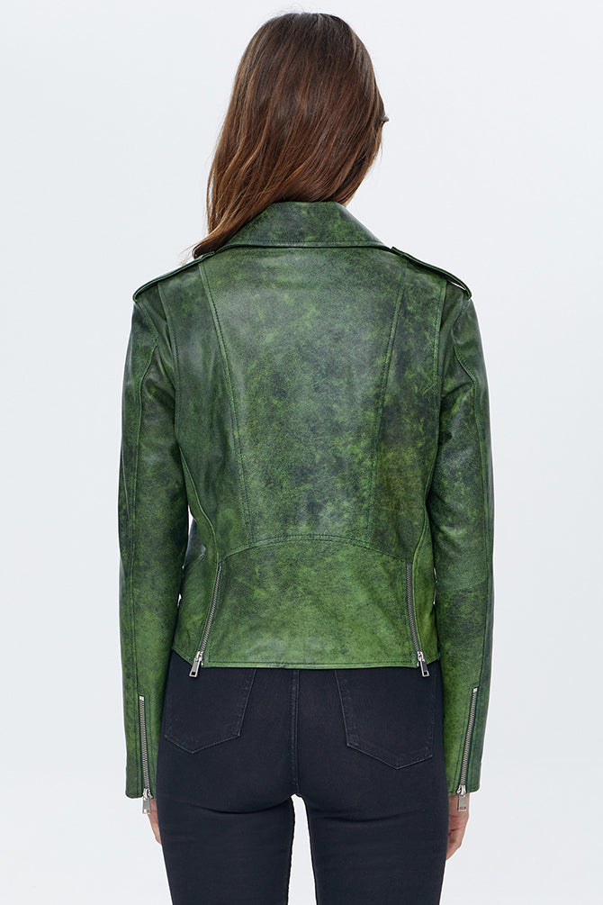 Newage Women's Green Leather Short Biker Jacket
