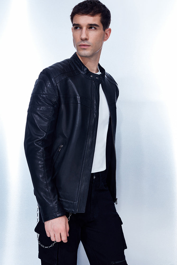 Duncan Erkek Siyah Slim-Fit Deri Ceket