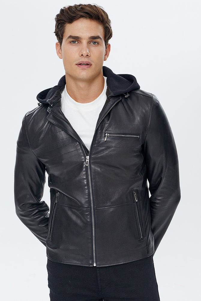 Lopez Erkek Siyah Kapüşonlu Slim-Fit Deri Ceket