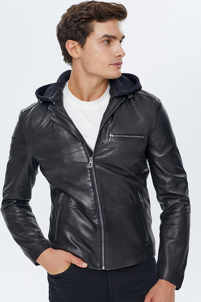 Lopez Erkek Siyah Kapüşonlu Slim-Fit Deri Ceket