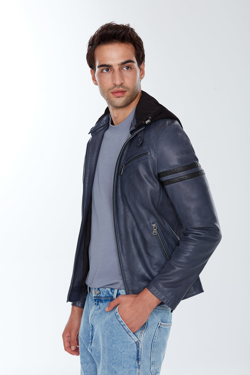 Towns Erkek Mavi Kapüşonlu Slim-Fit Spor Deri Ceket