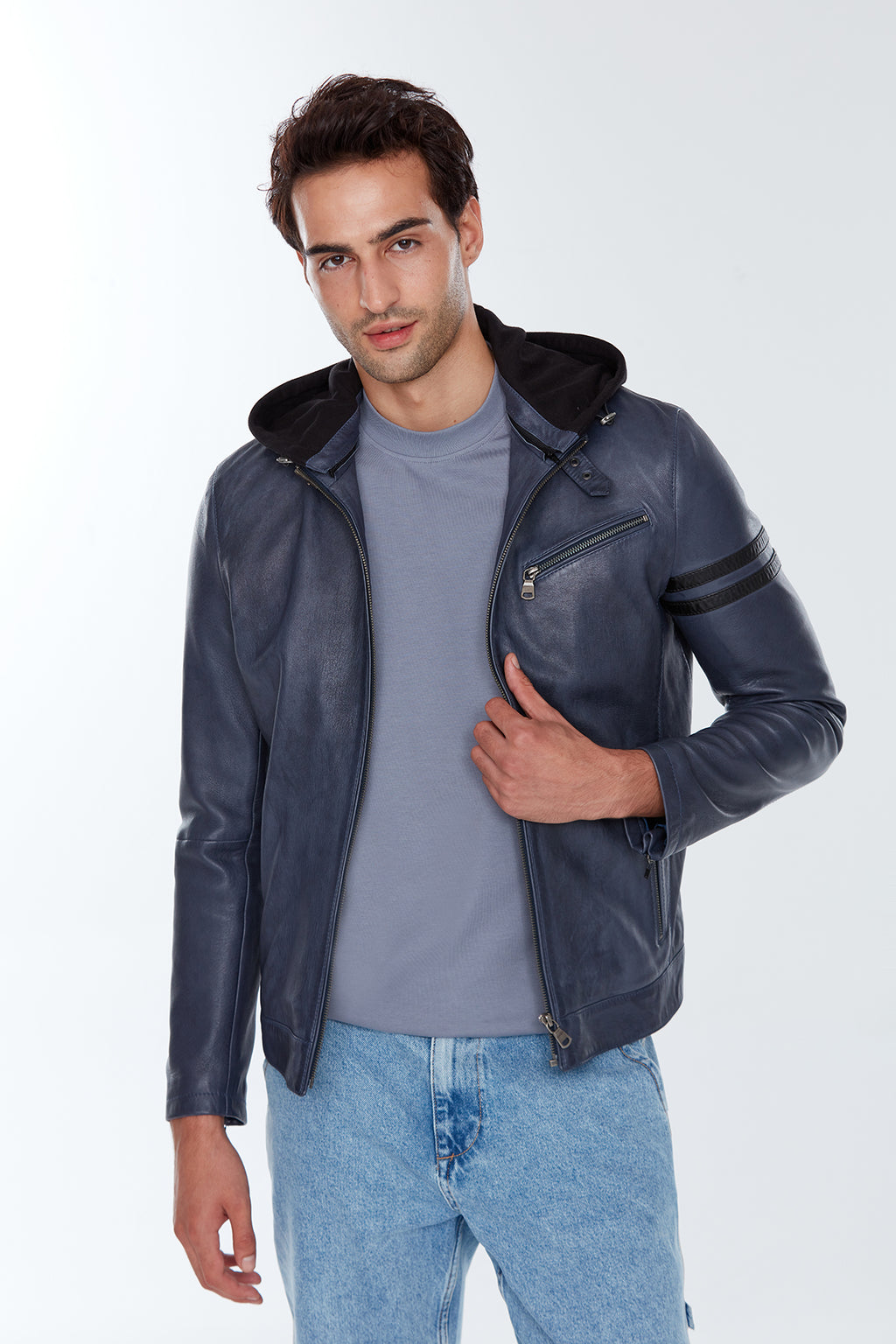 Towns Erkek Mavi Kapüşonlu Slim-Fit Spor Deri Ceket