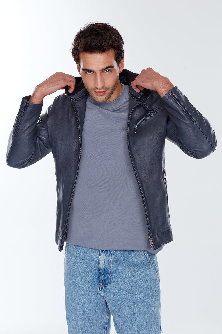 Towns Men's Blue Hooded Slim-Fit Sports Leather Jacket