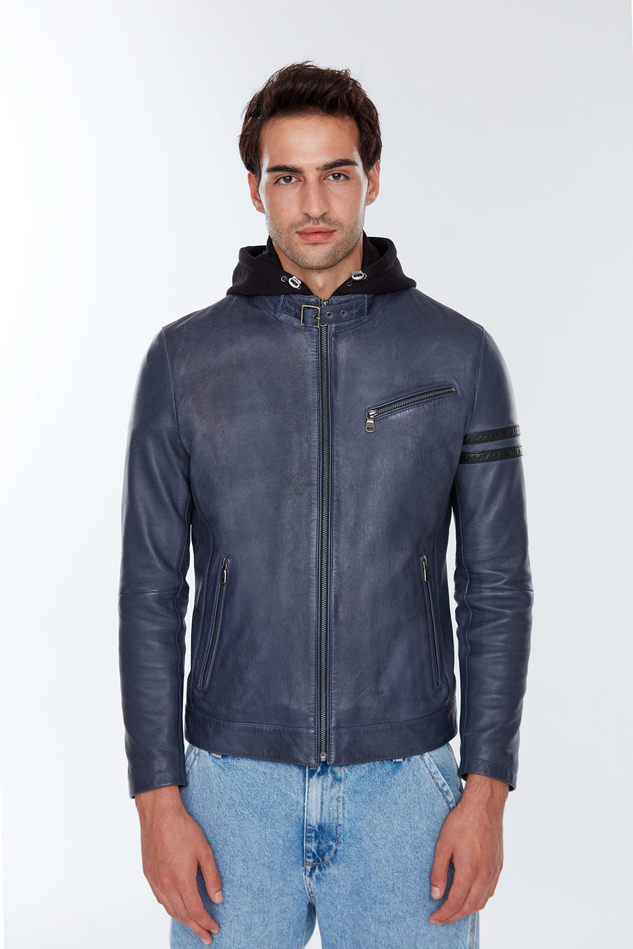 Towns Men's Blue Hooded Slim-Fit Sports Leather Jacket