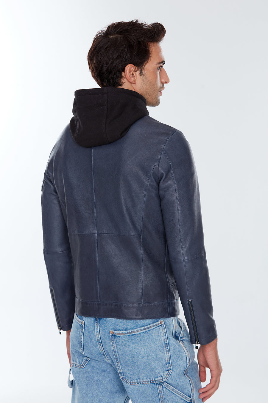 Towns Men's Blue Hooded Slim-Fit Sports Leather Jacket