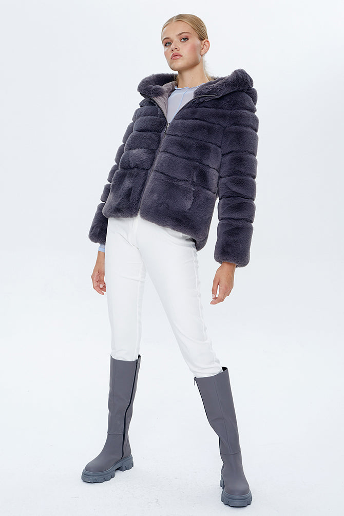 Pavia Women's Anthracite Hooded Plush Leather Coat