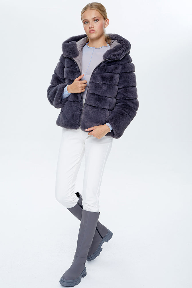 Pavia Women's Anthracite Hooded Plush Leather Coat