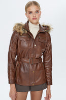 Lavinia Women's Brown Hooded Long Leather Jacket | Derimod