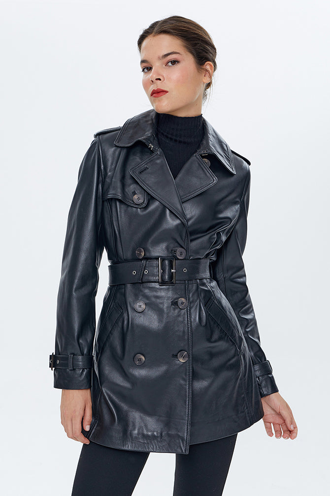 Milla Women's Black Leather Trench Coat