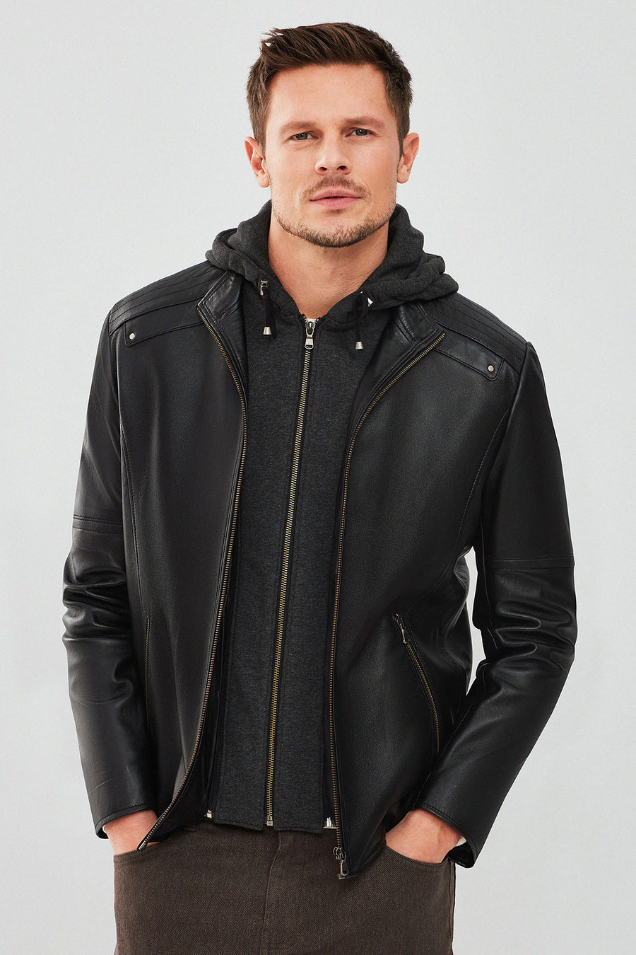 Danny Men's Black Hooded Sports Leather Jacket 22WGE64341M | Derimod