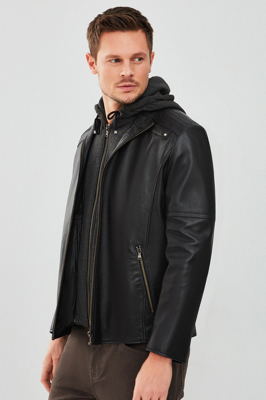 Danny Men's Black Hooded Sports Leather Jacket