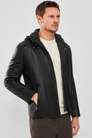 Danny Men's Black Hooded Sports Leather Jacket | Derimod