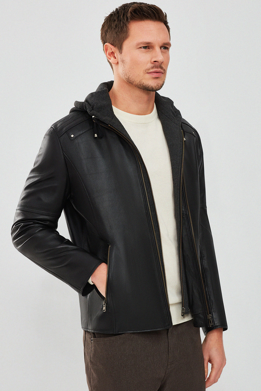 Danny Men's Black Hooded Sports Leather Jacket