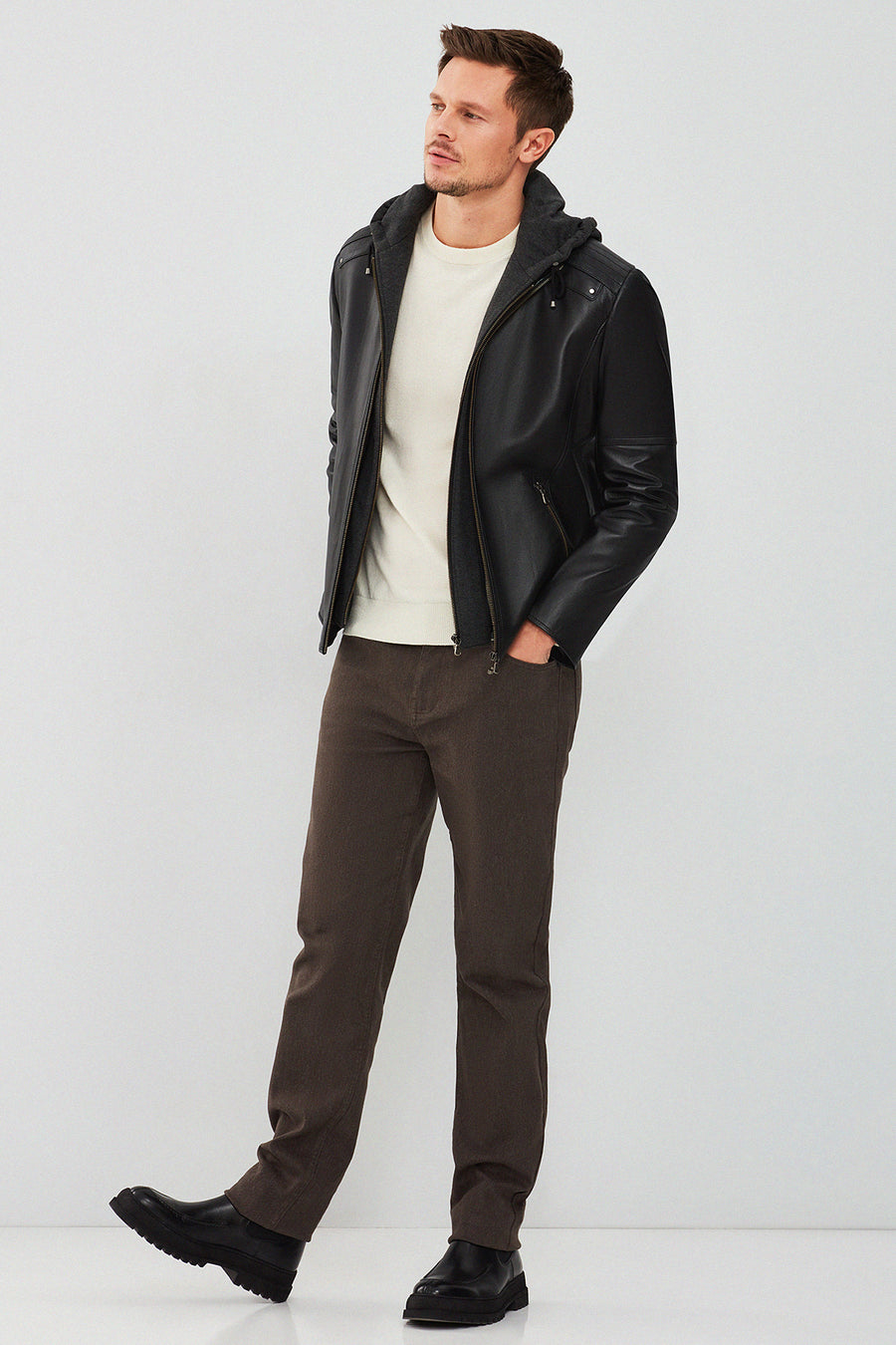 Danny Men's Black Hooded Sports Leather Jacket