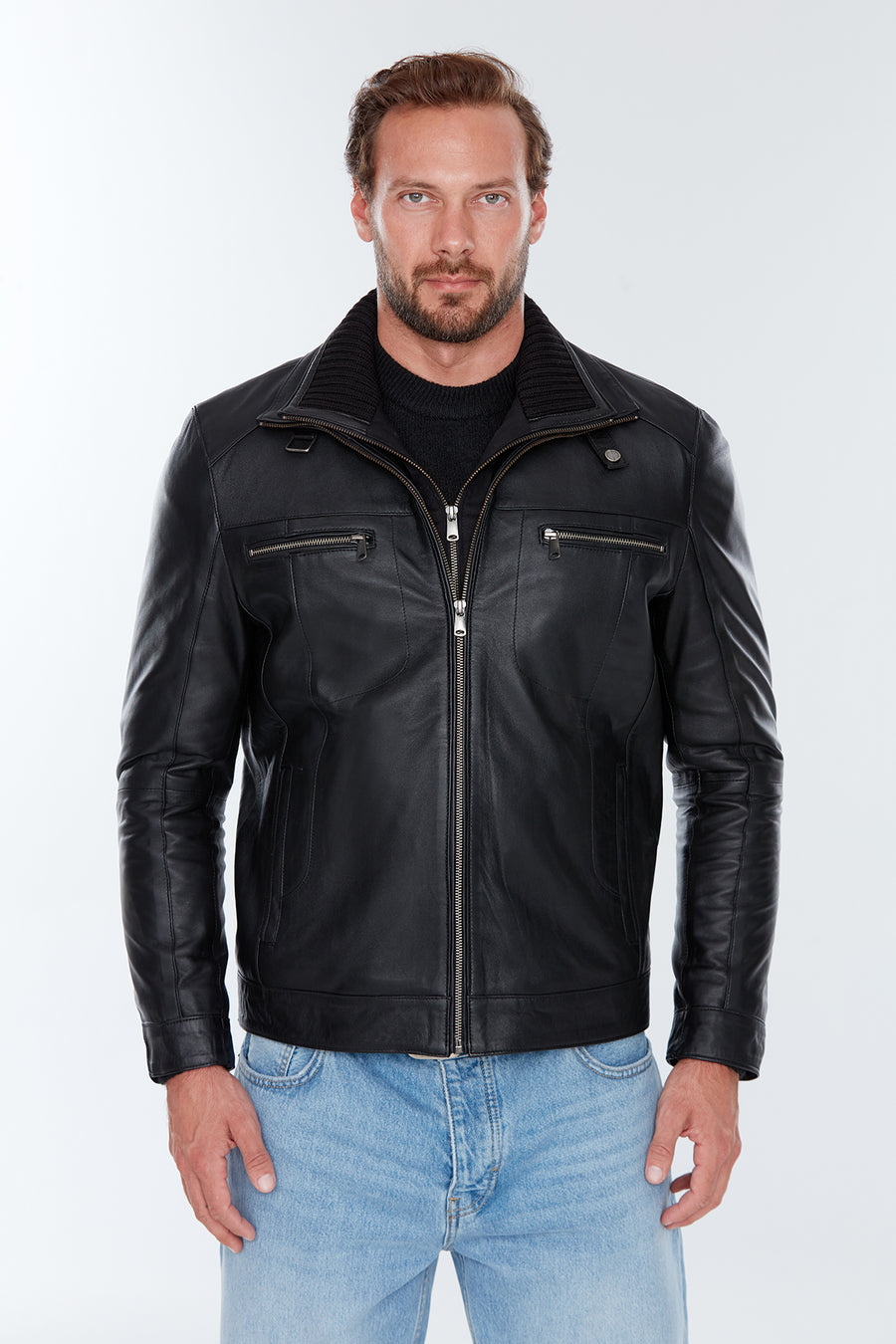 Antonıo Men's Black Double Collar Leather Jacket