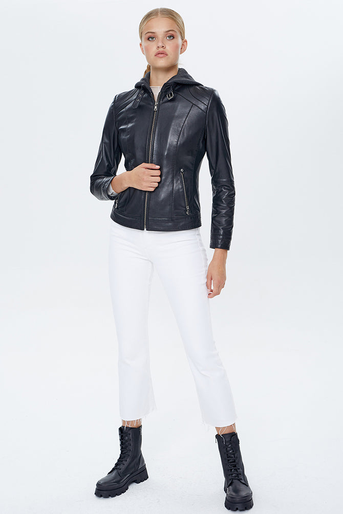 Venus Women's Black Hooded Leather Jacket 22WGM500951 | Derimod