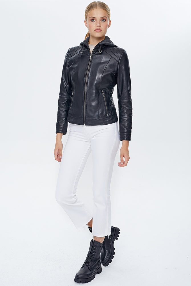Venus Women's Black Hooded Leather Jacket