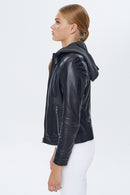 Venus Women's Black Hooded Leather Jacket | Derimod