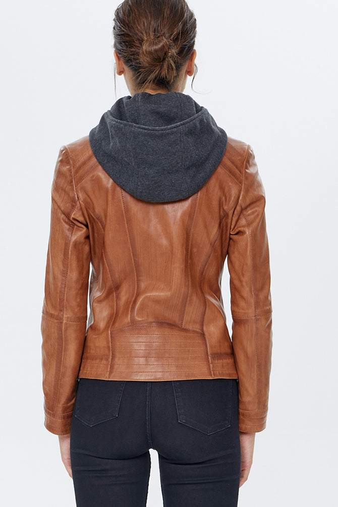 Venus Women's Camel Hooded Leather Jacket