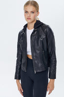 Carrera Women's Black Hooded Leather Jacket | Derimod