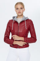 Santa Fe Women's Red Hooded Leather Coat | Derimod