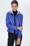 Santa Fe Women's Blue Hooded Leather Coat | Derimod