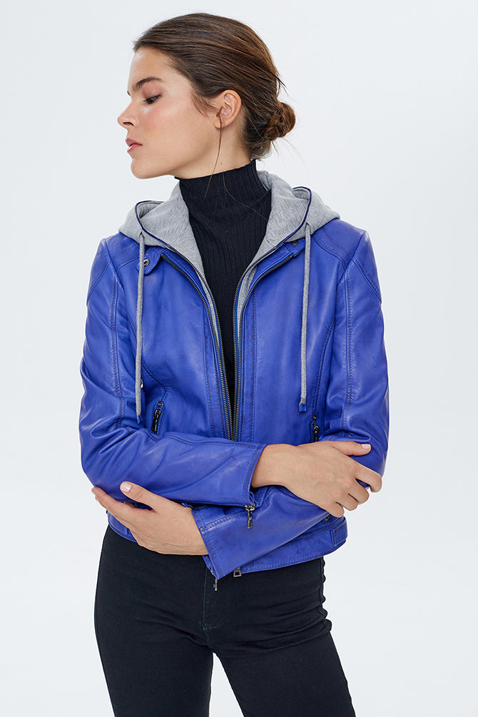Santa Fe Women's Blue Hooded Leather Coat