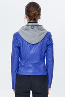 Santa Fe Women's Blue Hooded Leather Coat | Derimod