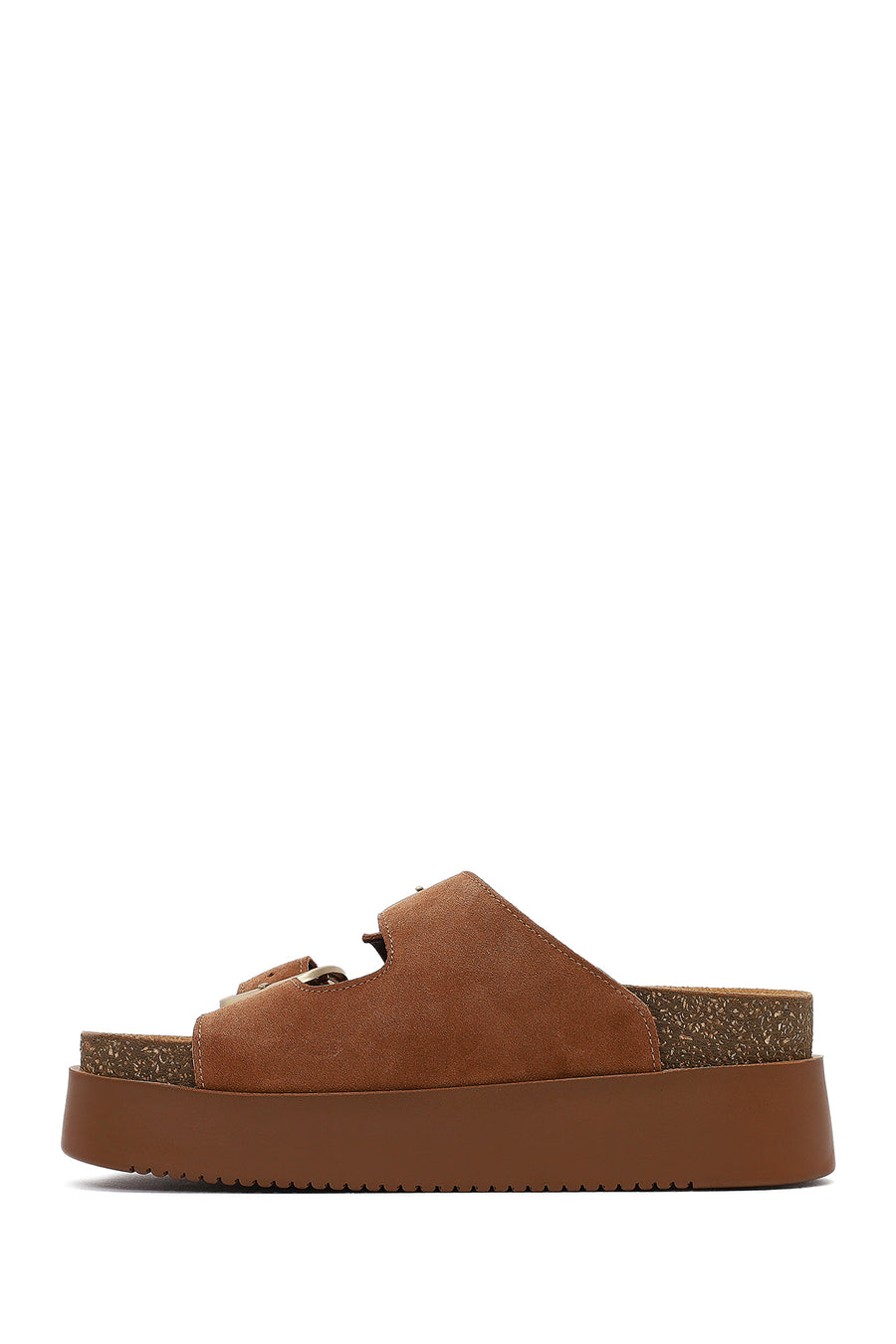 Women's Tan Double Buckle Thick Sole Suede Leather Slippers